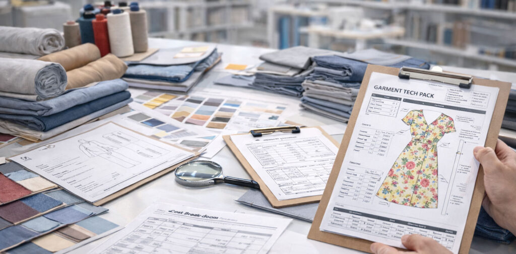 apparel sourcing services with garment tech pack, fabric samples, and product development planning