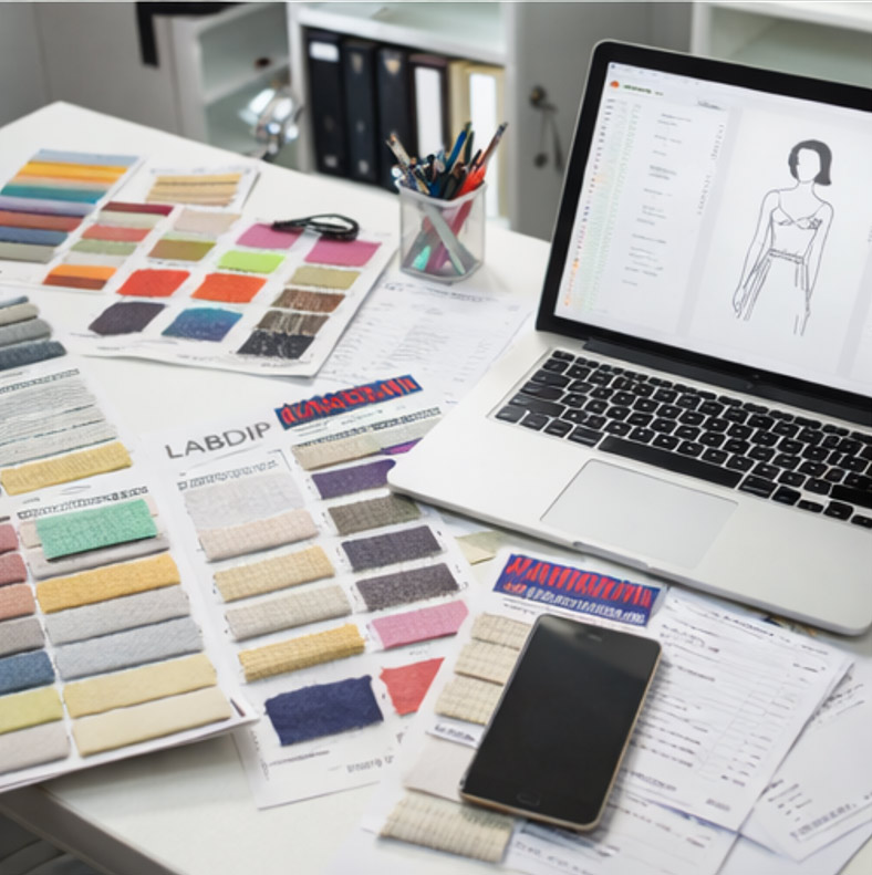 Apparel sourcing process step 1: Requirement alignment with fabric swatches, design sketches, and technical docs to define product, cost, and execution risks upfront.