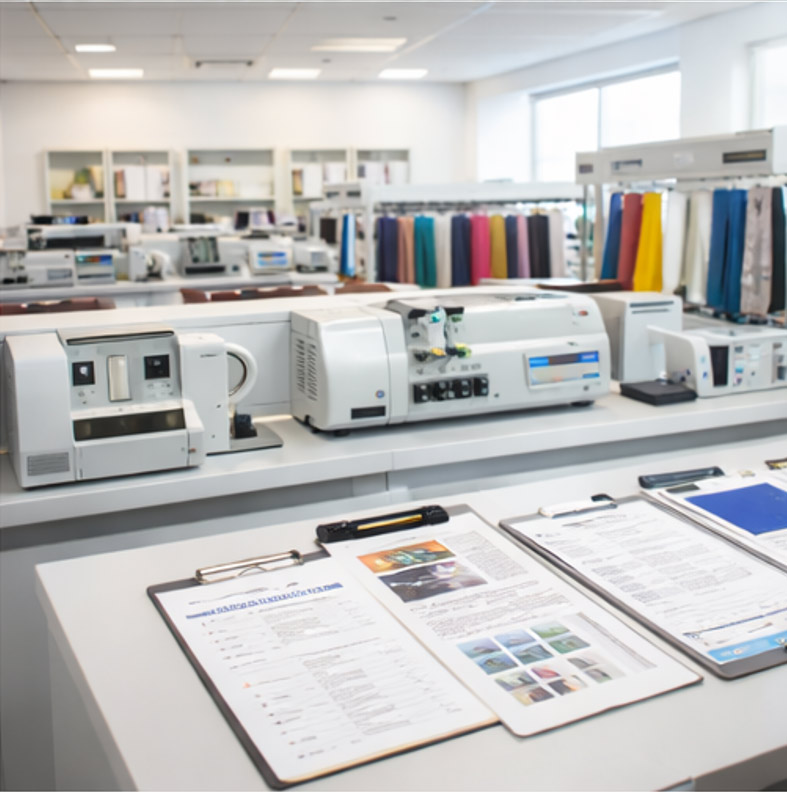 Apparel sourcing process step 2: Material control and development in a textile lab, coordinating fabric sourcing and sampling before production.