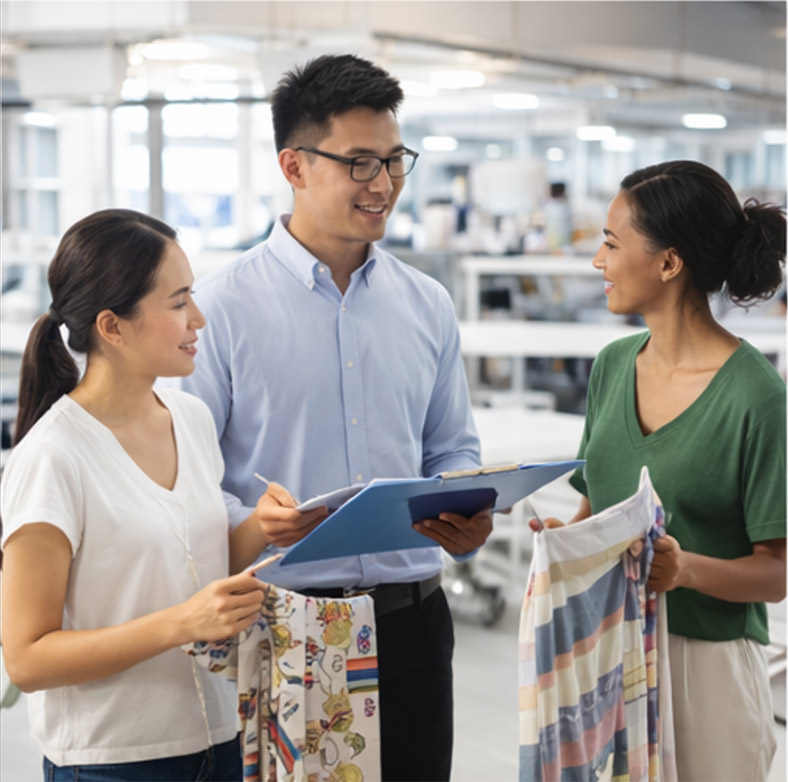Buying office workflow step 3: Apparel production coordination across partner factories, with quality tracking for a streamlined apparel manufacturing process.