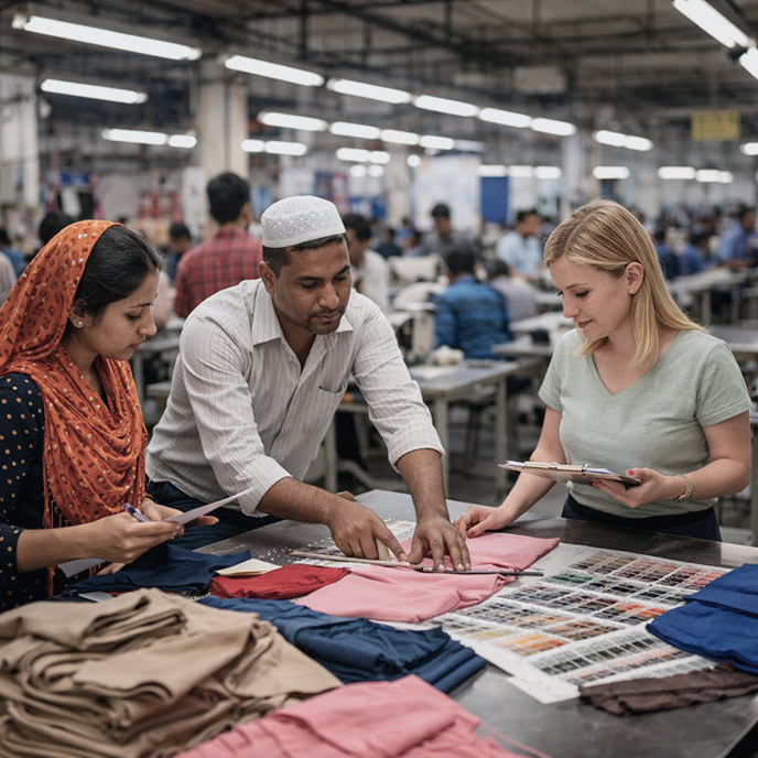 Apparel manufacturing partner and garment manufacturer Asia team inspecting garment production in Asian factories, supporting cross border apparel sourcing for global fashion brands.