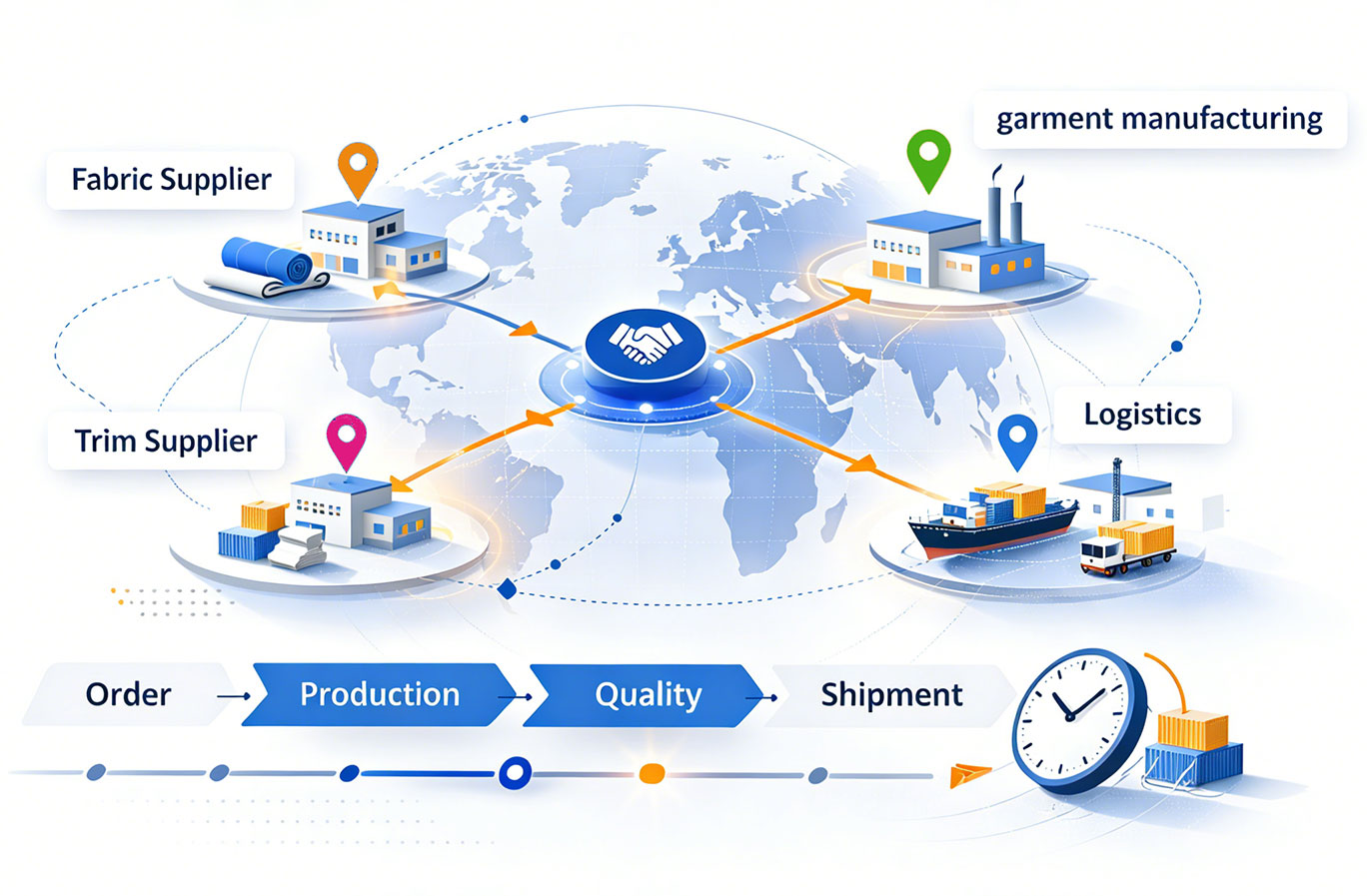 Apparel supply chain structure diagram showing MINYOO's integrated apparel sourcing network, garment production coordination, and cross border apparel supply chain system.