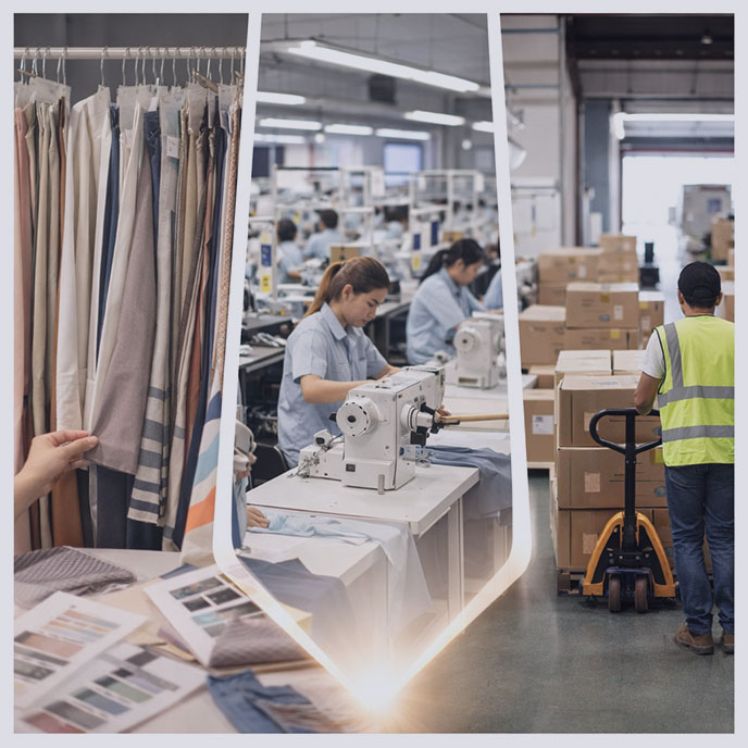 Cross-border apparel supply chain execution model for apparel brands and apparel importers, integrating fabric sourcing, garment manufacturing, and logistics across global regions.